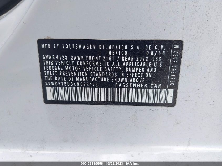 2019 VOLKSWAGEN JETTA 1.4T R-LINE/1.4T S/1.4T SE - 3VWC57BU3KM098476