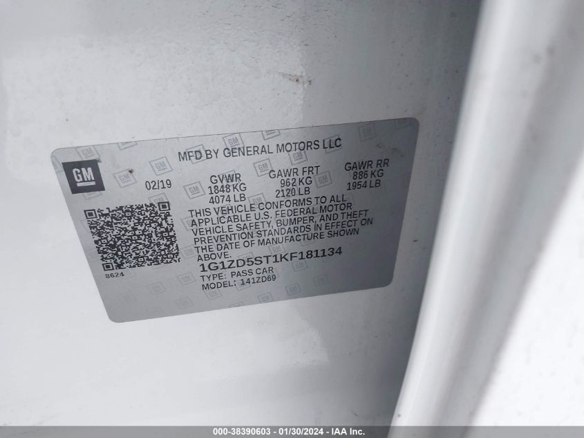2019 CHEVROLET MALIBU LT - 1G1ZD5ST1KF181134