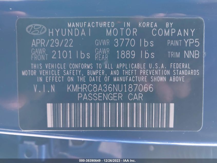 2022 HYUNDAI VENUE LIMITED - KMHRC8A36NU187066