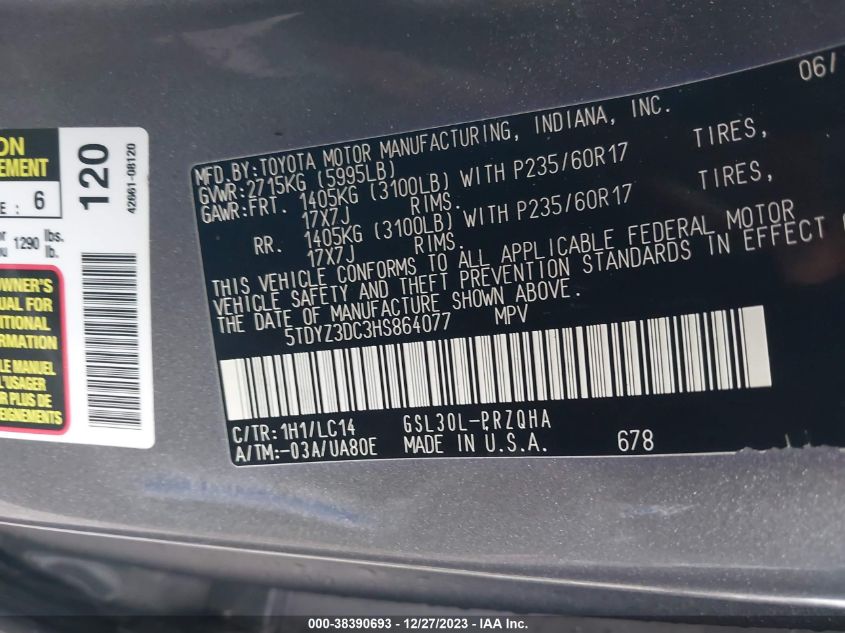 2017 TOYOTA SIENNA XLE/LIMITED - 5TDYZ3DC3HS864077
