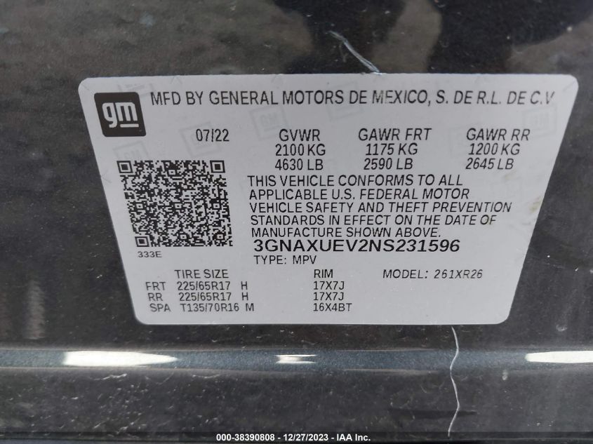 2022 CHEVROLET EQUINOX LT - 3GNAXUEV2NS231596