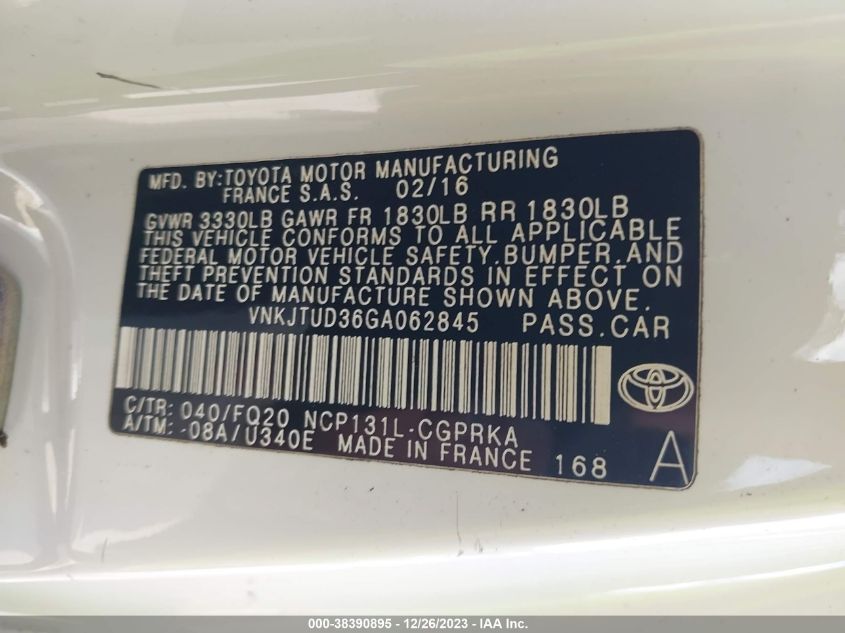 2016 TOYOTA YARIS L - VNKJTUD36GA062845