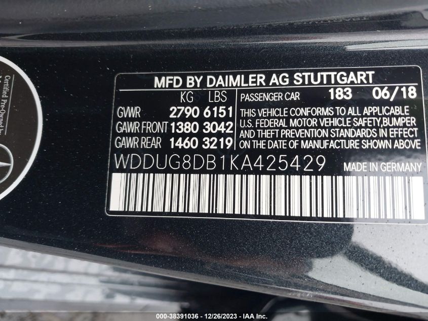 2019 MERCEDES-BENZ S 560 WDDUG8DB1KA425429