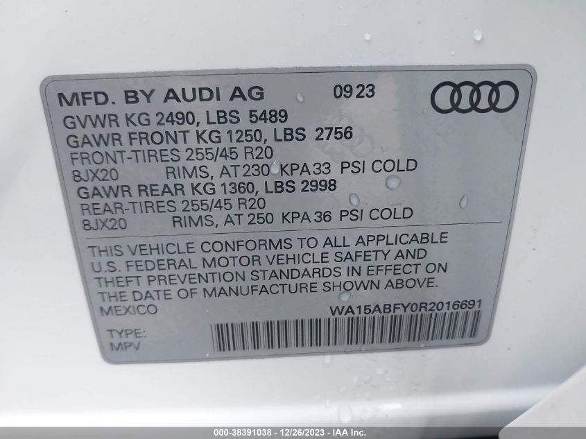 2024 AUDI Q5 SPORTBACK PREMIUM PLUS 45 TFSI S LINE QUATTRO S TRONIC WA15ABFY0R2016691