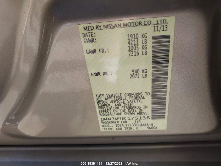 2014 NISSAN ALTIMA 2.5/S/SV/SL - 1N4AL3AP7EC175138