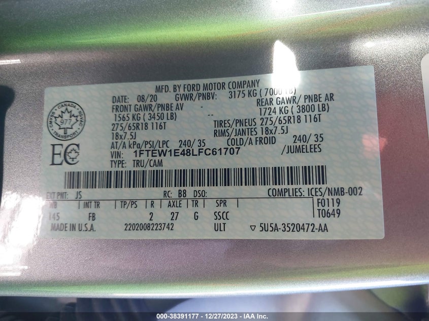 VIN 1FTEW1E48LFC61707 2020 FORD F-150 XLT