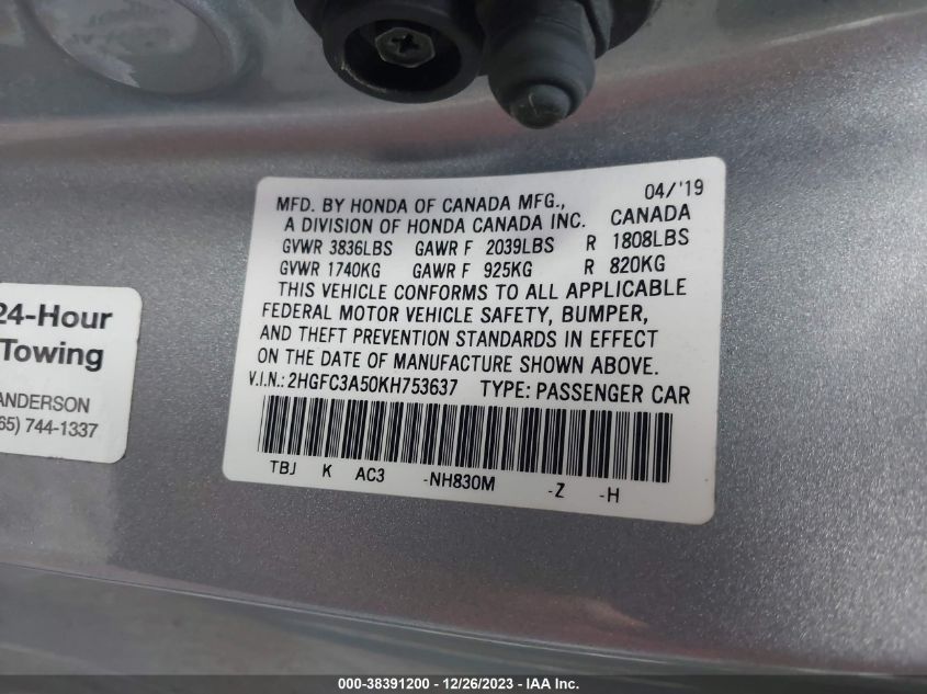 2019 HONDA CIVIC SI - 2HGFC3A50KH753637