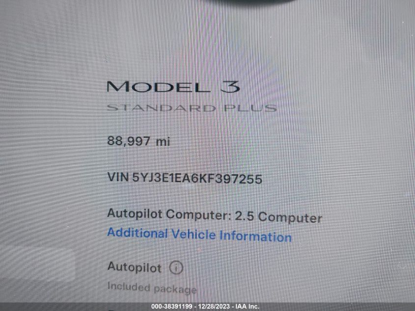 2019 TESLA MODEL 3 LONG RANGE/MID RANGE/STANDARD RANGE/STANDARD RANGE PLUS - 5YJ3E1EA6KF397255