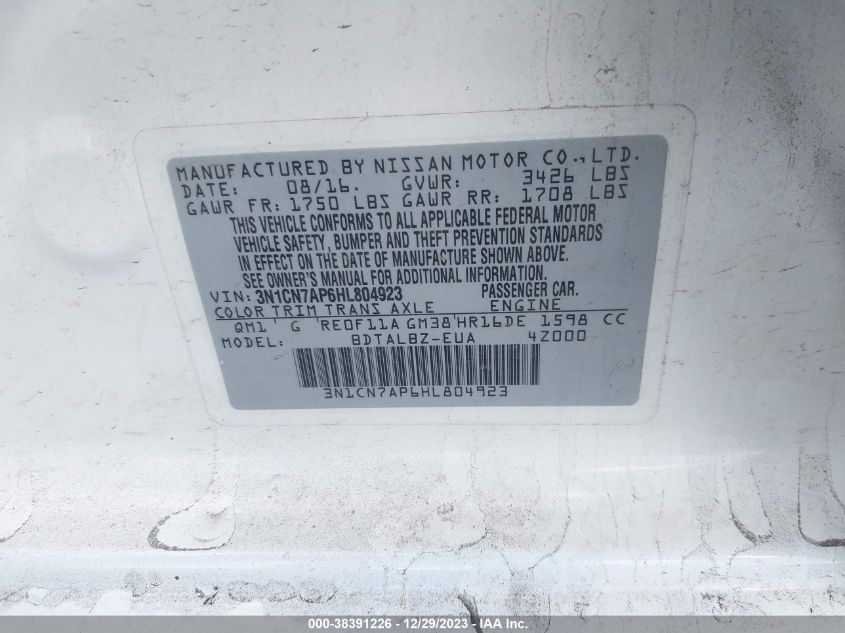 2017 NISSAN VERSA 1.6 SV - 3N1CN7AP6HL804923