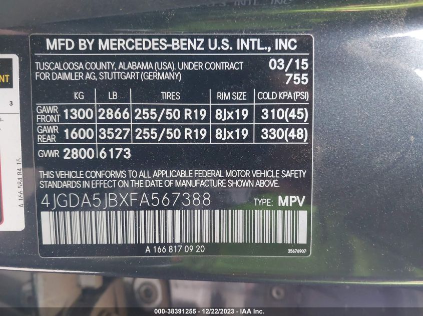 2015 MERCEDES-BENZ ML 350 4JGDA5JBXFA567388