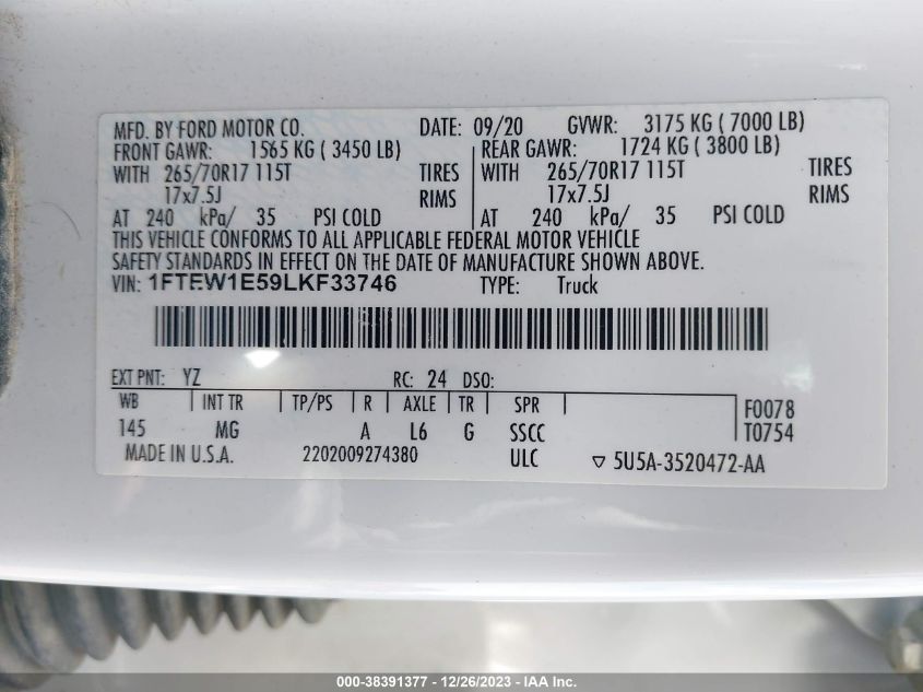 2020 FORD F-150 XLT - 1FTEW1E59LKF33746
