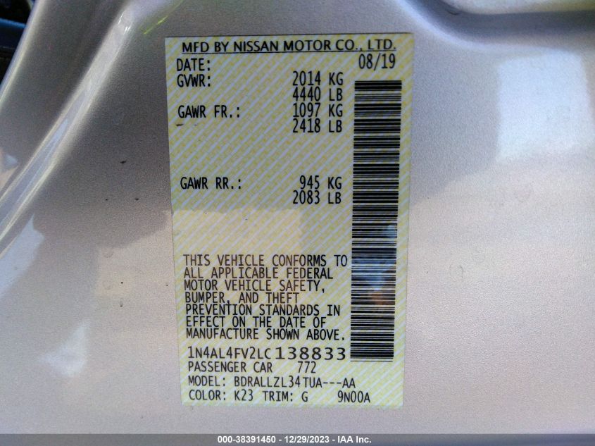 2020 NISSAN ALTIMA PLATINUM - 1N4AL4FV2LC138833