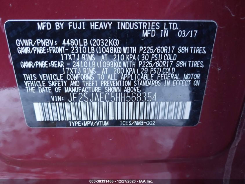 2017 SUBARU FORESTER 2.5I PREMIUM - JF2SJAEC5HH568354