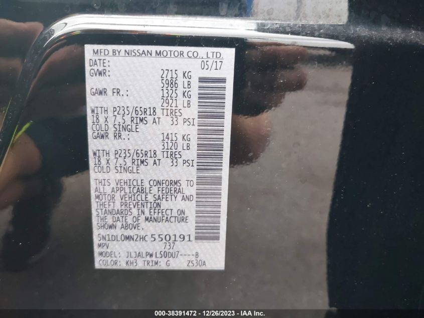 2017 INFINITI QX60 - 5N1DL0MN2HC550191