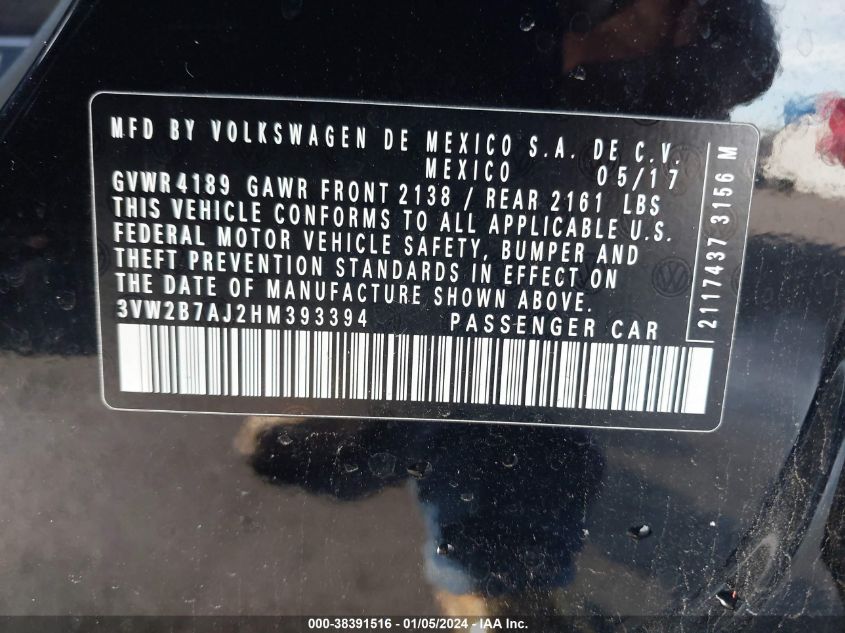 2017 VOLKSWAGEN JETTA 1.4T S - 3VW2B7AJ2HM393394