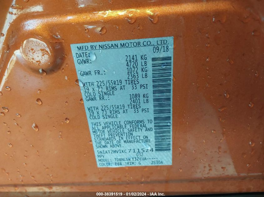 2019 NISSAN ROGUE SL - 5N1AT2MV1KC711524