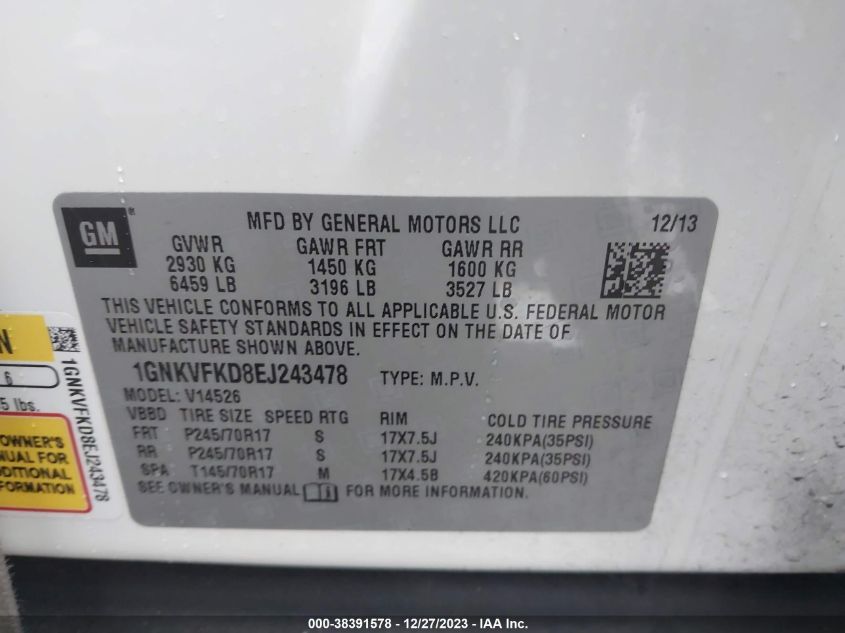 2014 CHEVROLET TRAVERSE LS - 1GNKVFKD8EJ243478