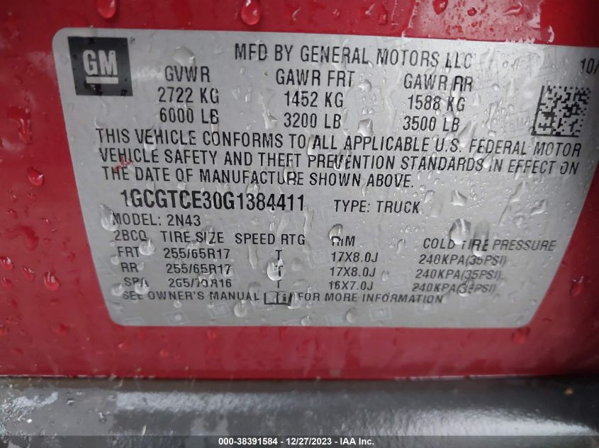 2016 CHEVROLET COLORADO LT - 1GCGTCE30G1384411