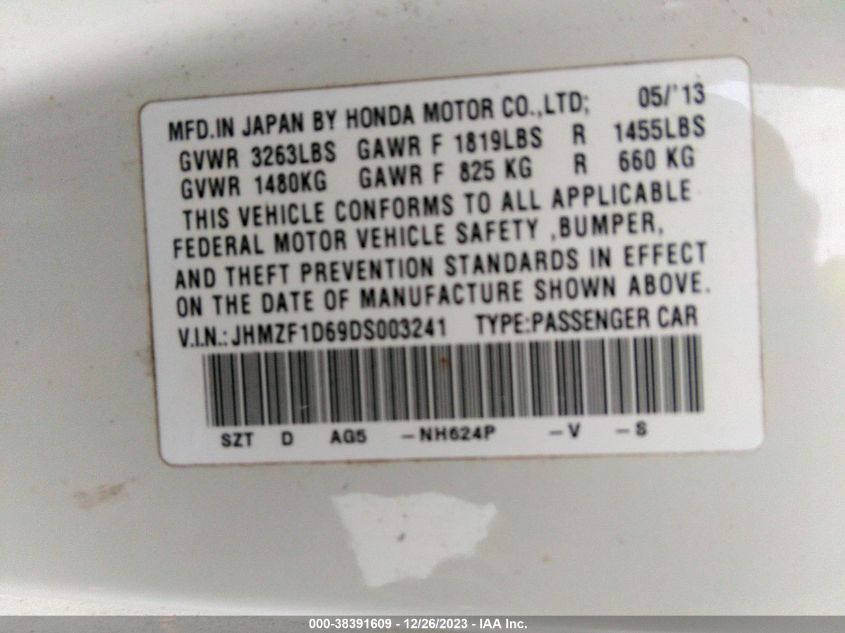 2013 HONDA CR-Z EX - JHMZF1D69DS003241