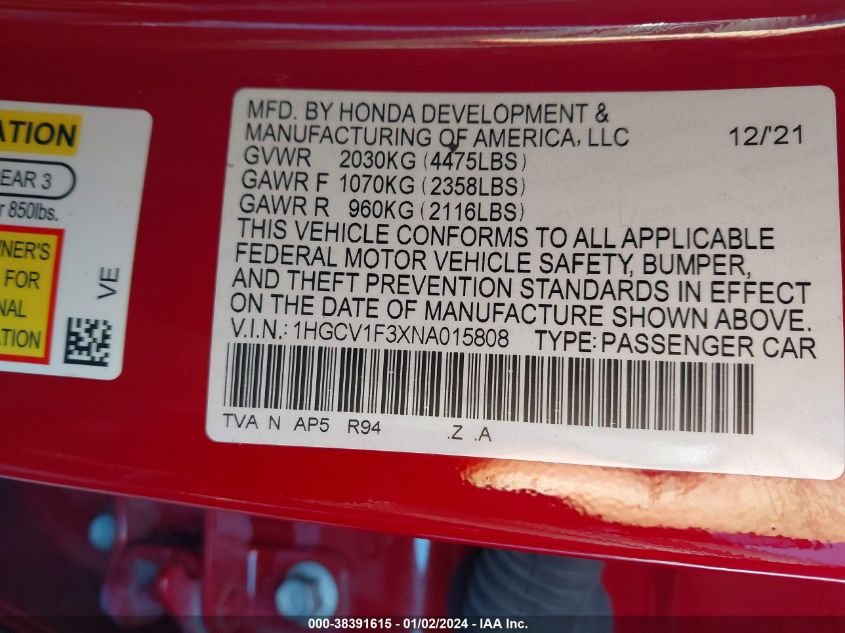 2022 HONDA ACCORD SPORT - 1HGCV1F3XNA015808