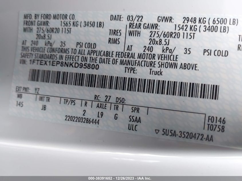 2022 FORD F-150 XL - 1FTEX1EP8NKD95800