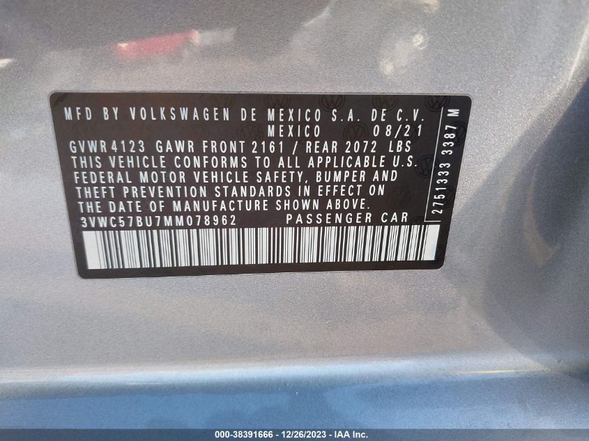 2021 VOLKSWAGEN JETTA 1.4T R-LINE/1.4T S/1.4T SE - 3VWC57BU7MM078962