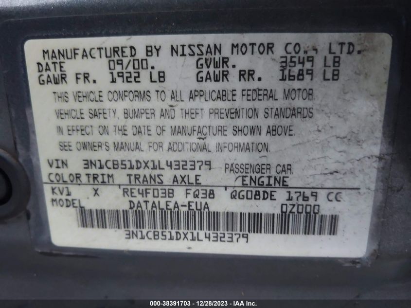 3N1CB51DX1L432379 | 2001 NISSAN SENTRA