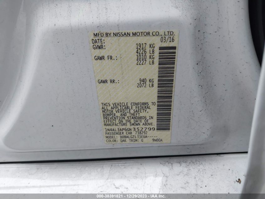 2016 NISSAN ALTIMA 2.5/2.5 S/2.5 SL/2.5 SR/2.5 SV - 1N4AL3AP6GN352799