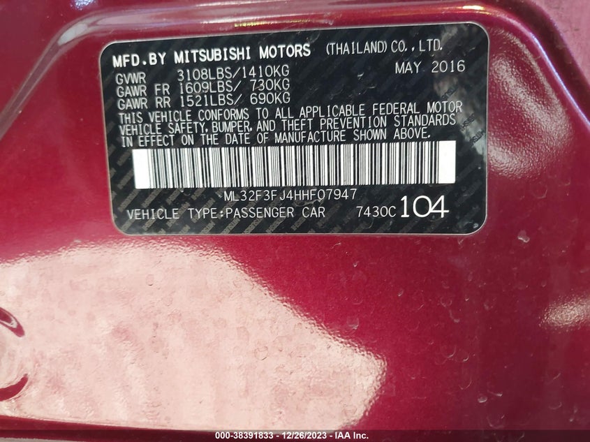 VIN ML32F3FJ4HHF07947 2017 MITSUBISHI MIRAGE G4 ES