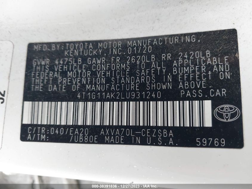 2020 TOYOTA CAMRY SE/SE NIGHT SHADE - 4T1G11AK2LU931240