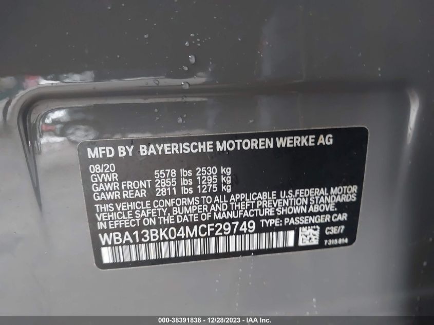 2021 BMW M550I XDRIVE - WBA13BK04MCF29749