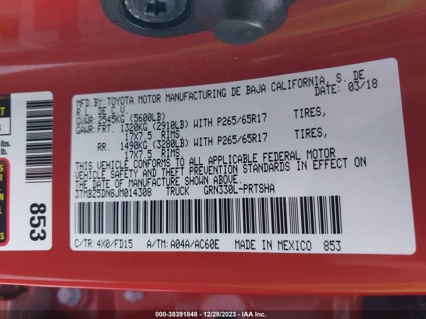 VIN 3TMBZ5DN8JM014308 2018 TOYOTA TACOMA TRD SPORT