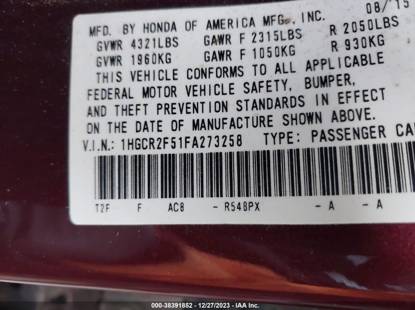 2015 HONDA ACCORD SPORT - 1HGCR2F51FA273258