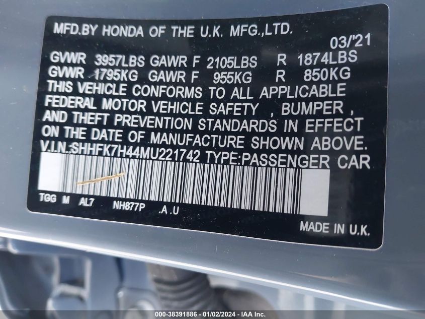 2021 HONDA CIVIC SPORT - SHHFK7H44MU221742