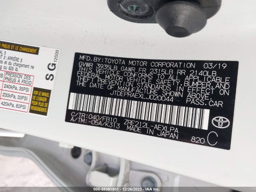 2020 TOYOTA COROLLA LE - JTDEPRAEXLJ020044
