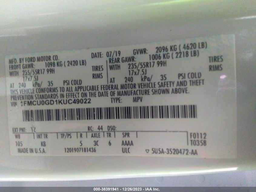 2019 FORD ESCAPE SE - 1FMCU0GD1KUC49022