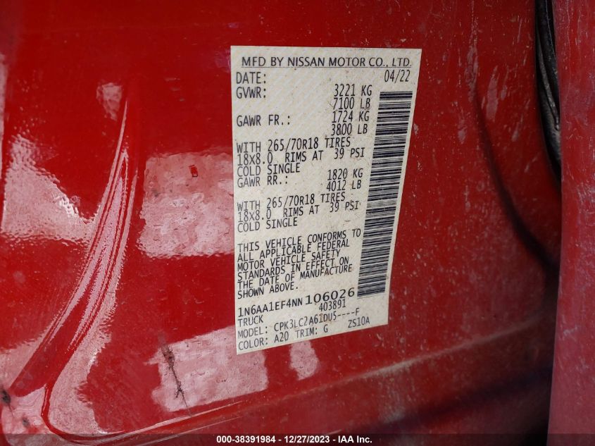 2022 NISSAN TITAN SV 4X2 - 1N6AA1EF4NN106026