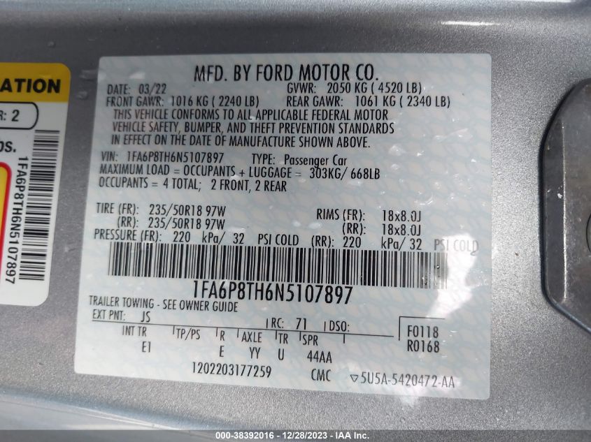 2022 FORD MUSTANG - 1FA6P8TH6N5107897