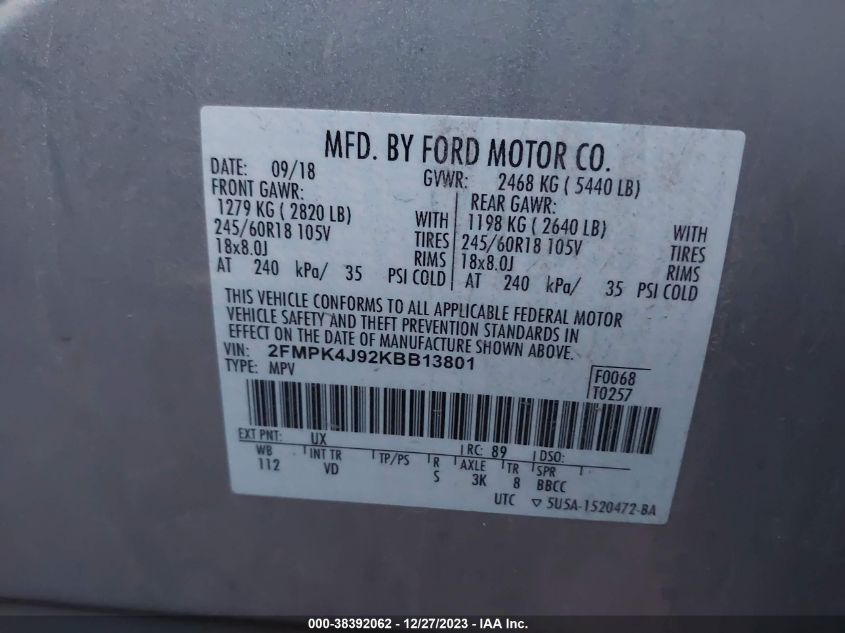 2FMPK4J92KBB13801 2019 FORD EDGE, photo no. 9