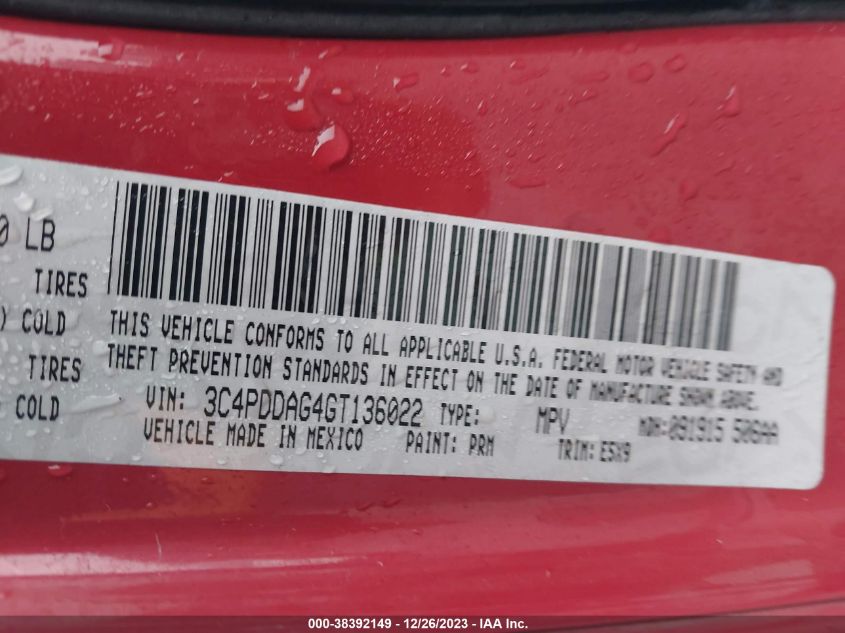 2016 DODGE JOURNEY SE - 3C4PDDAG4GT136022