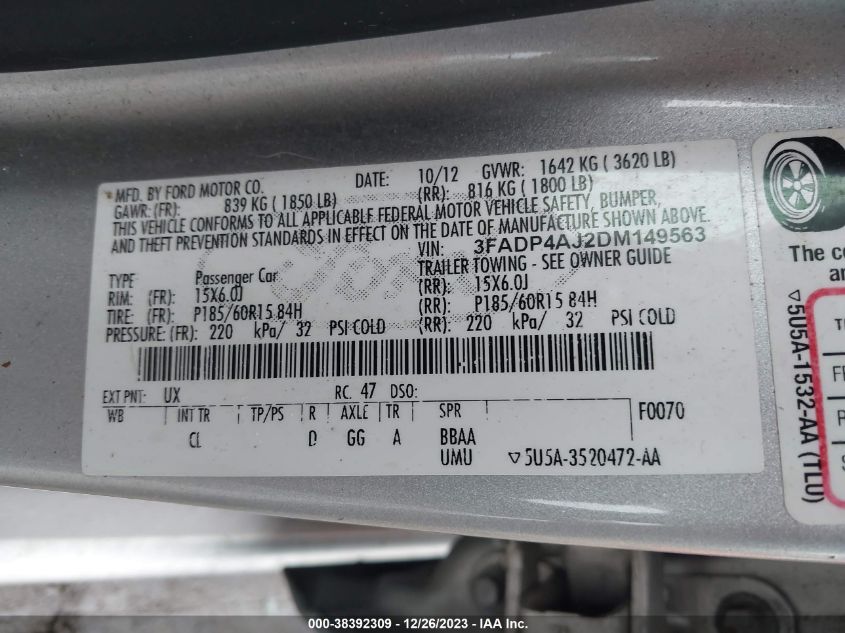 2013 FORD FIESTA S - 3FADP4AJ2DM149563