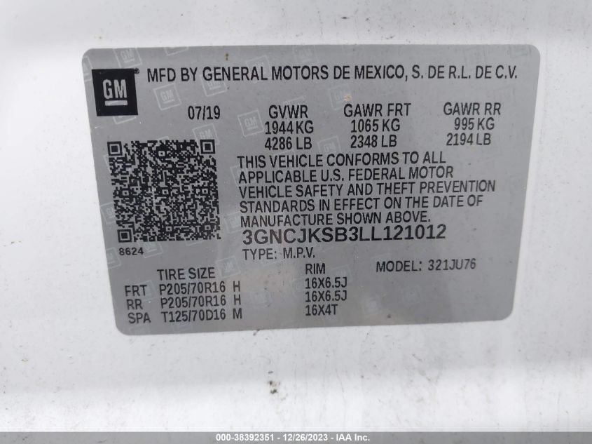 2020 CHEVROLET TRAX FWD LS - 3GNCJKSB3LL121012