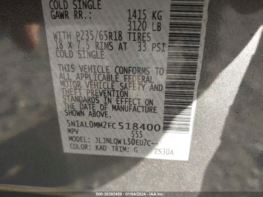 2015 INFINITI QX60 - 5N1AL0MM2FC518400
