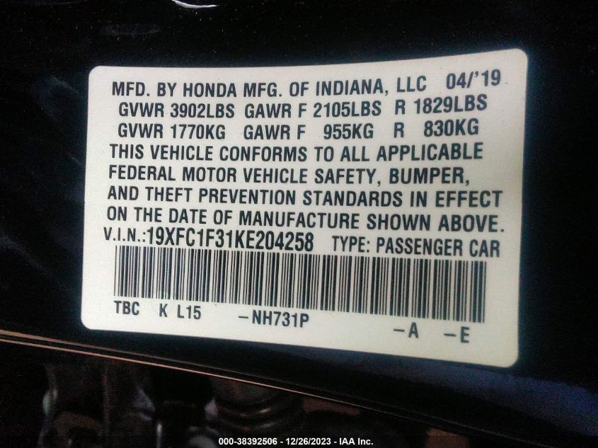 2019 HONDA CIVIC EX - 19XFC1F31KE204258