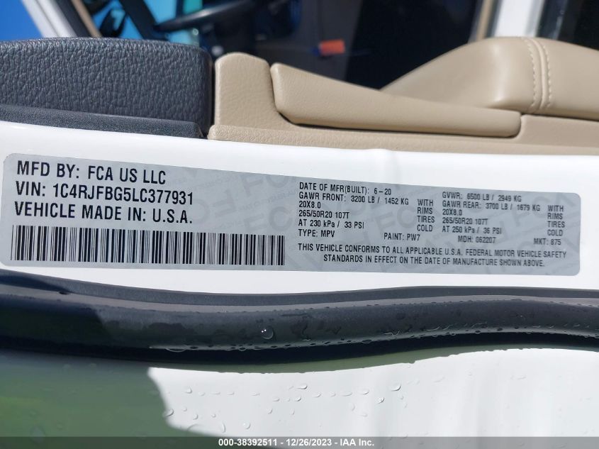 2020 JEEP GRAND CHEROKEE LIMITED 4X4 - 1C4RJFBG5LC377931