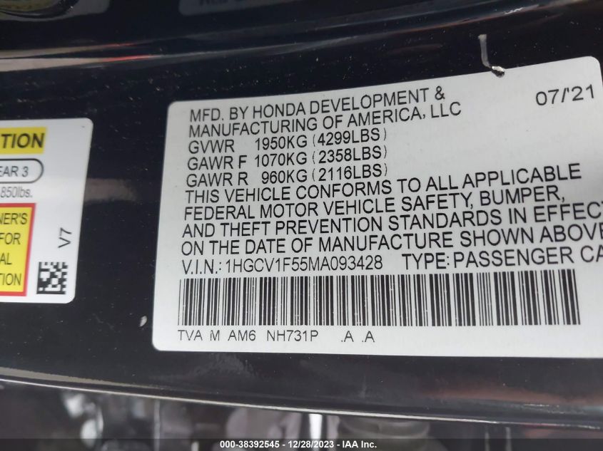 2021 HONDA ACCORD EXL - 1HGCV1F55MA093428