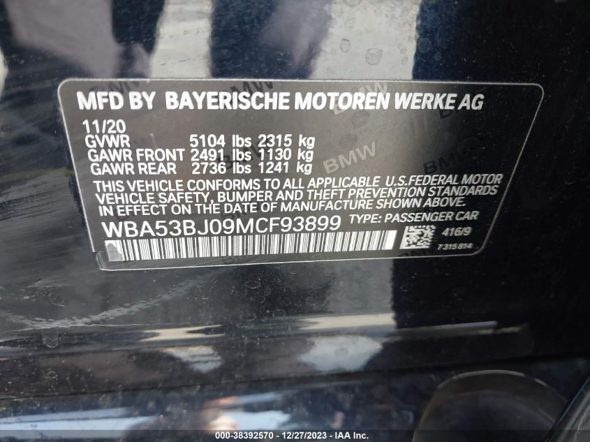 2021 BMW 540I I WBA53BJ09MCF9389