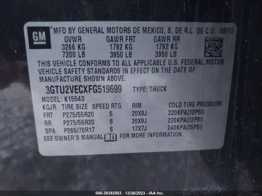 2015 GMC SIERRA 1500 SLT - 3GTU2VECXFG519699