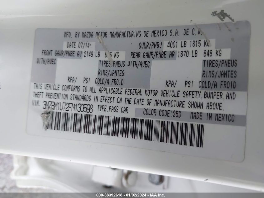 2015 MAZDA MAZDA3 I SPORT - 3MZBM1U72FM130598