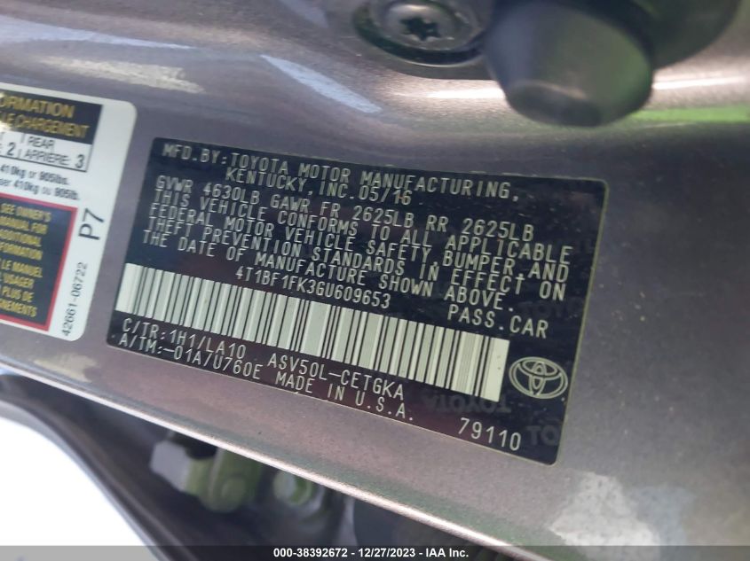 2016 TOYOTA CAMRY LE/XLE/SE/XSE - 4T1BF1FK3GU609653